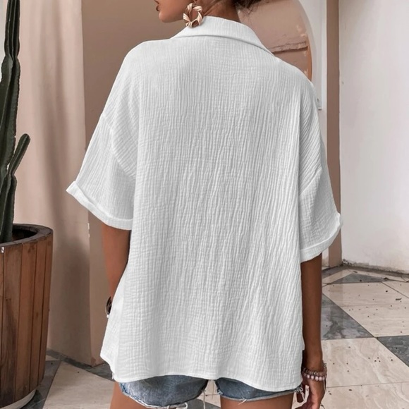 Oversized Short sleeve pocket button up collared shirt white textured boho - Picture 3 of 3